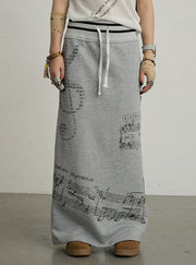 Music Note Pattern Banded Long Skirt (2color)