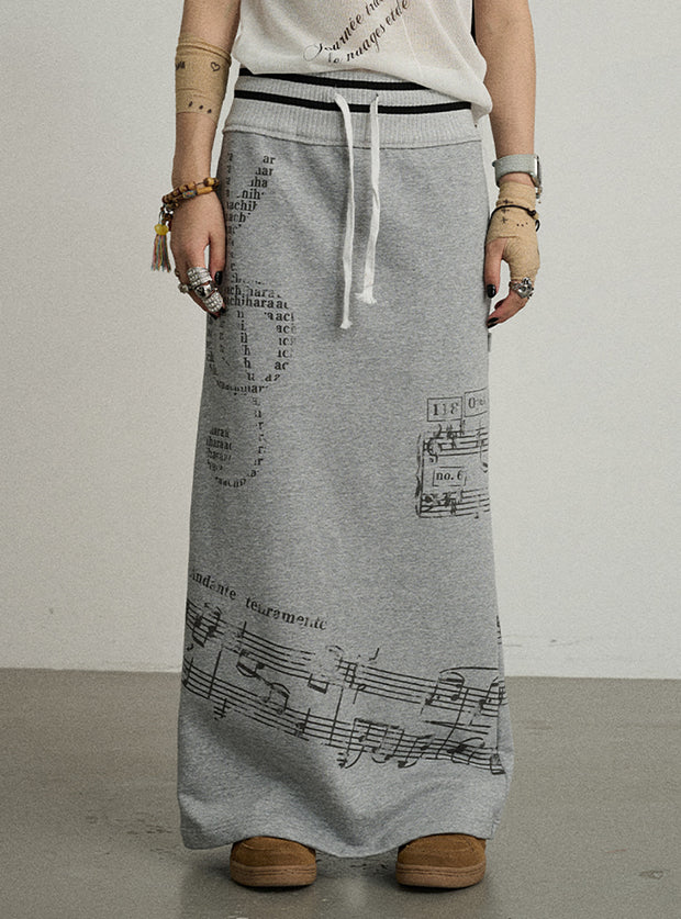 Music Note Pattern Banded Long Skirt (2color)