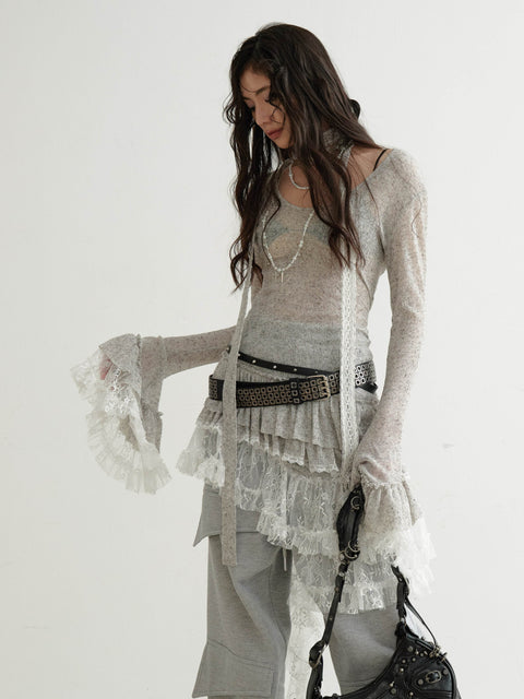 Sheer Knit Top With Asymmetric Ruffled Lace Hem - My Store