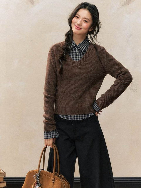 Brown Sweater & Plaid Blouse Top - My Store