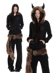 Velvet Star Fur Hooded Zip Up & Wide Casual Pants - My Store