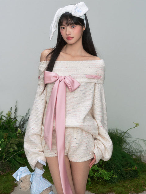 One-Shoulder Bow Tie Knitted Top