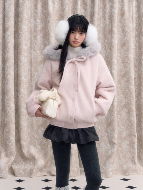 Pink Bow Tie Hooded Fur Baseball Jacket