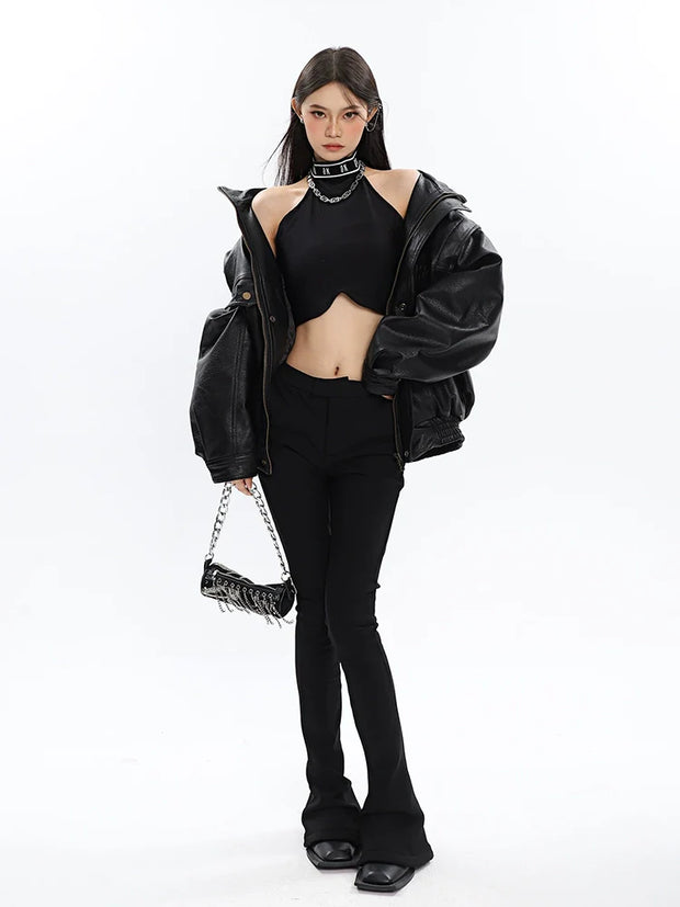 Drop Shoulder Faux Leather Bomber Jacket