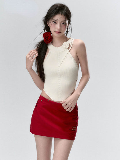 Red & Beige Rose Decor Crewneck Knitted Vest - My Store
