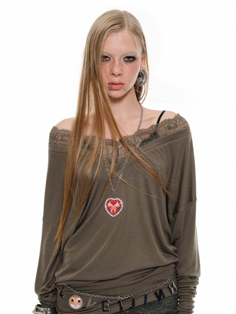 V-Neck Lace Trim Layered Blouse - My Store