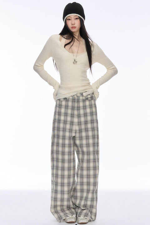 Slim Plaid Wide Pants - My Store