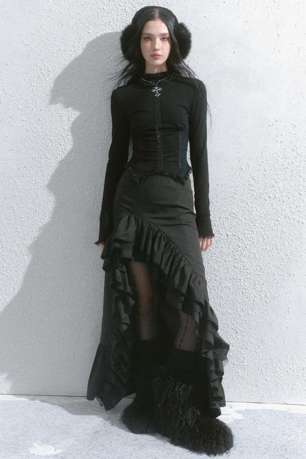 Vintage Lace Panel Pleated Skirt