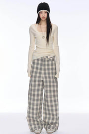 Slim Plaid Wide Pants - My Store