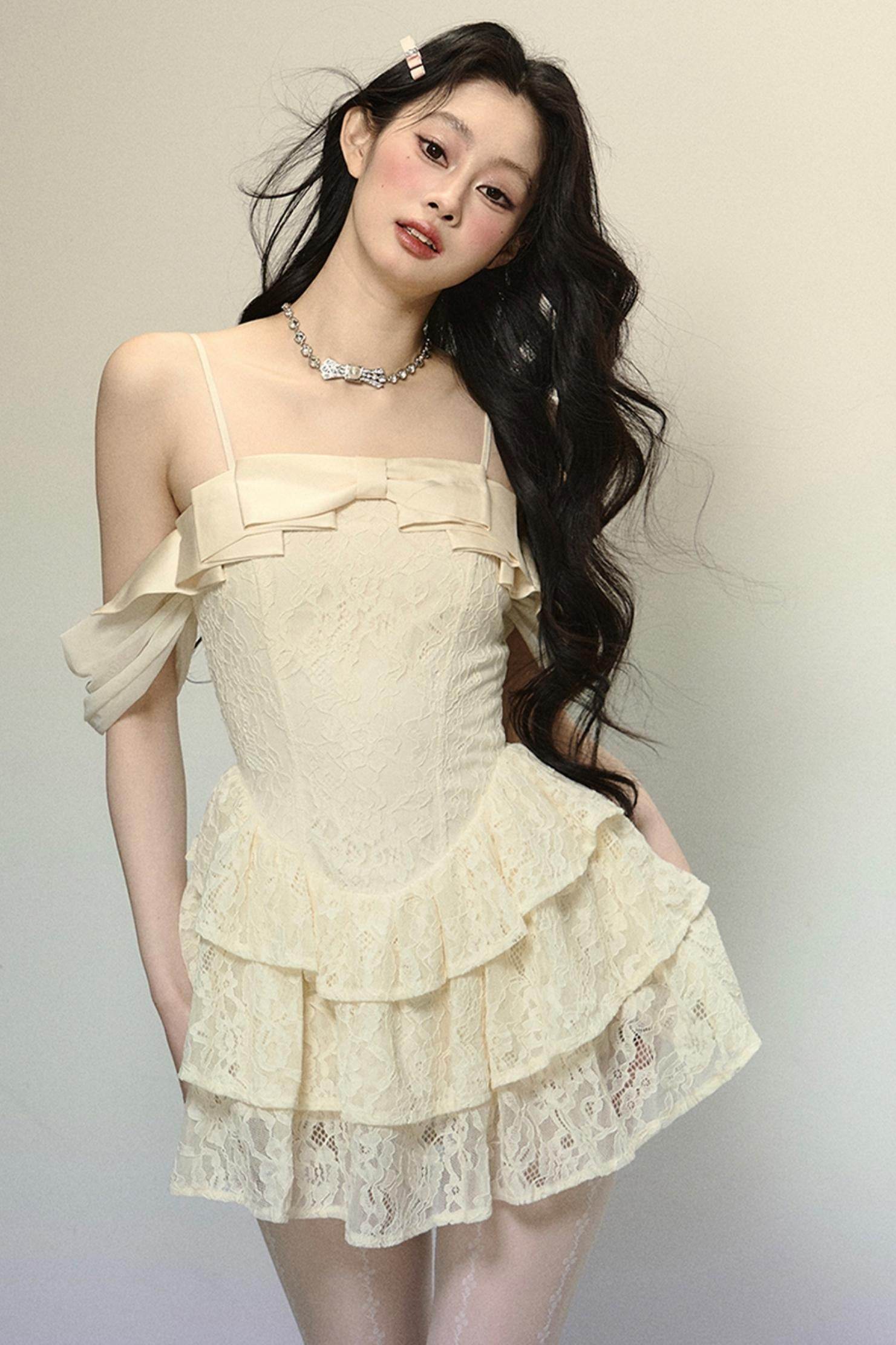 One-Shoulder French Lace Slip Dress - My Store