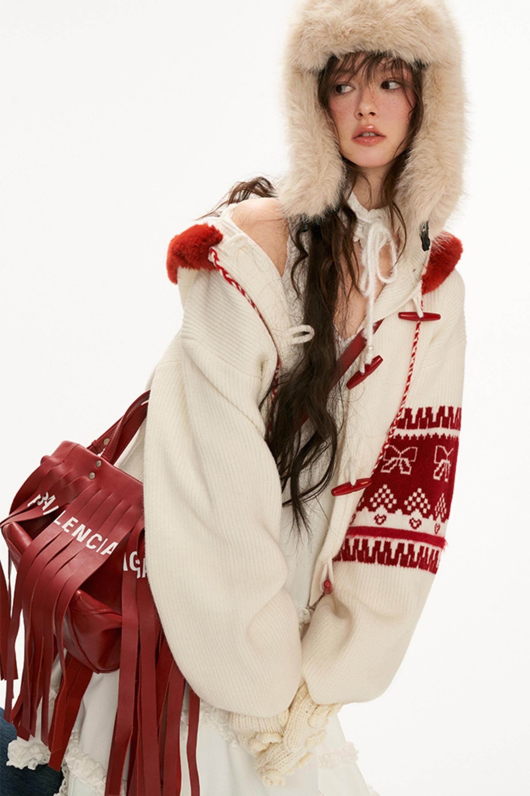 Patchwork Bow Jacquard Hooded Sweater Coat - My Store