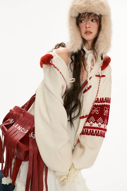 Patchwork Bow Jacquard Hooded Sweater Coat - My Store