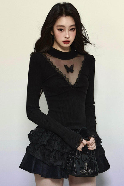 Long Sleeve V-Neck Lace Top - My Store