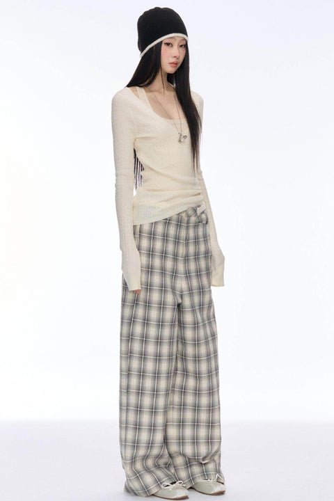 Slim Plaid Wide Pants - My Store