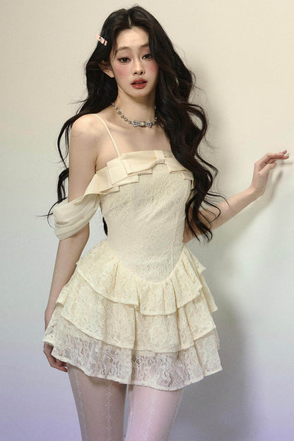 One-Shoulder French Lace Slip Dress - My Store