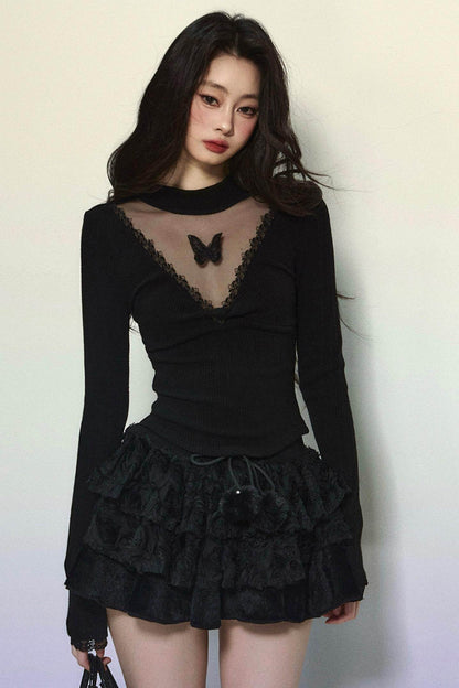Long Sleeve V-Neck Lace Top - My Store