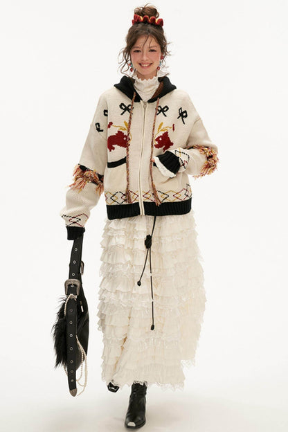 Bunny Detail Hooded Cardigan Sweater - My Store