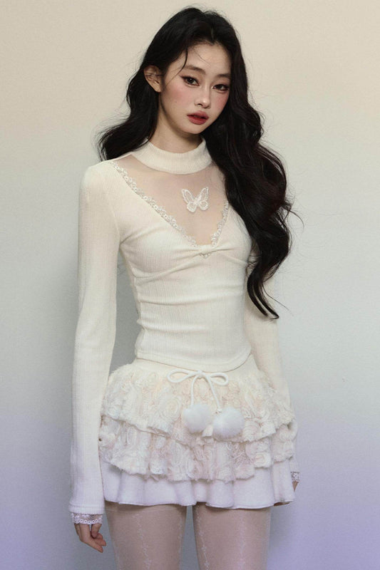 Long Sleeve V-Neck Lace Top - My Store