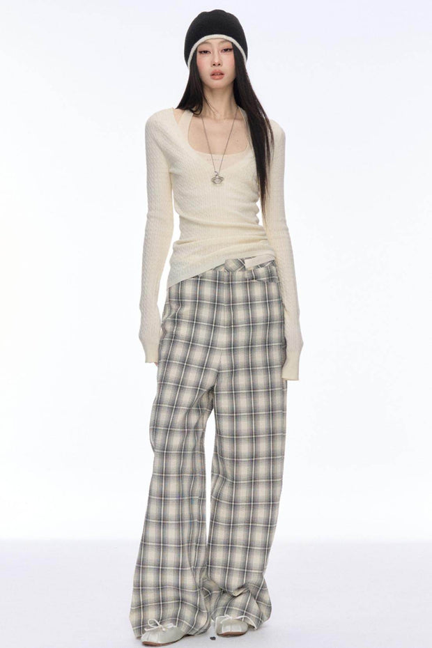 Slim Plaid Wide Pants - My Store