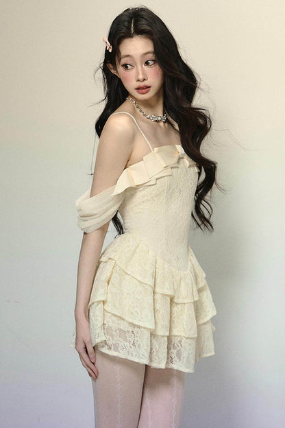 One-Shoulder French Lace Slip Dress - My Store