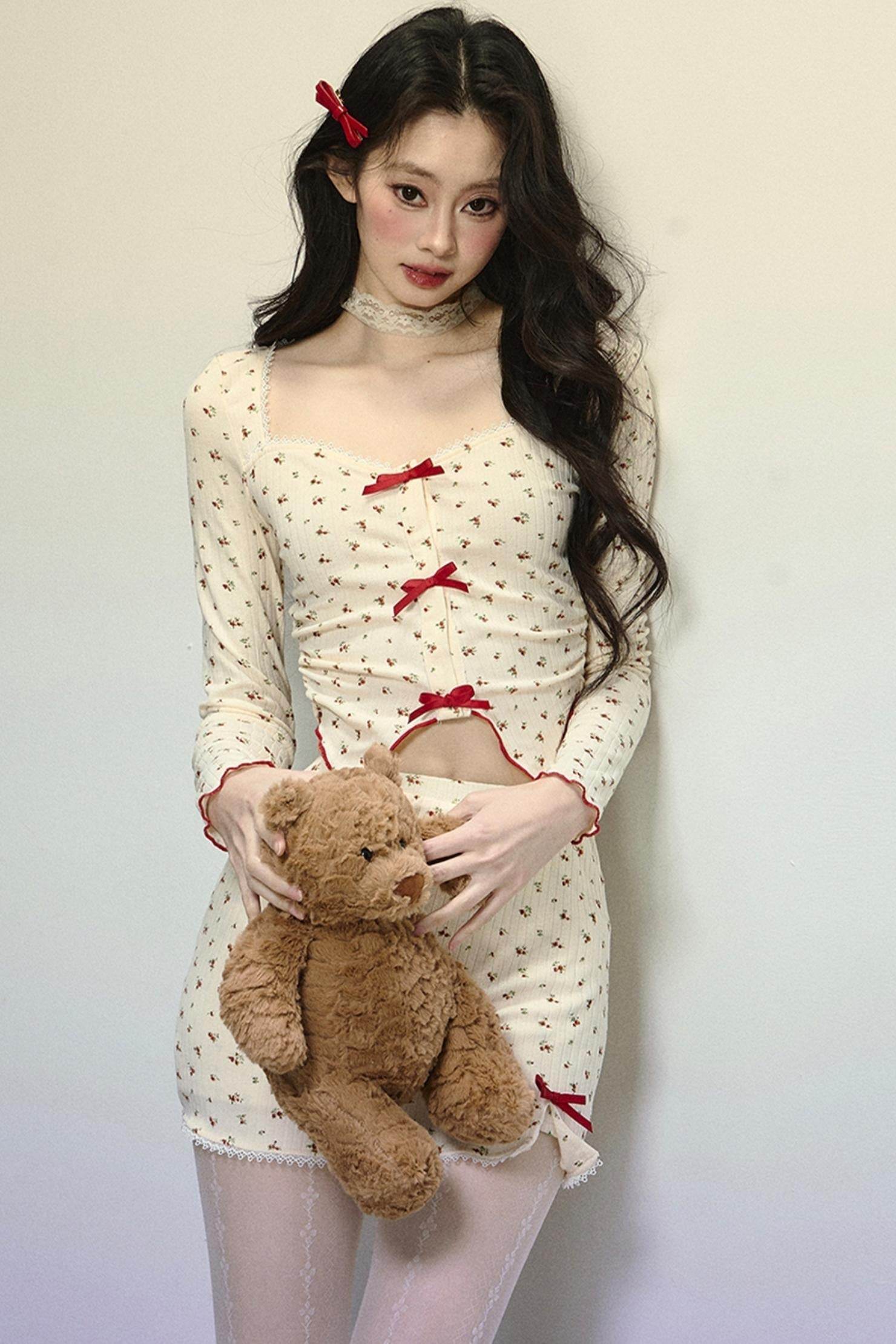 Long-Sleeve Floral Top & Short Skirt Set-Up - My Store