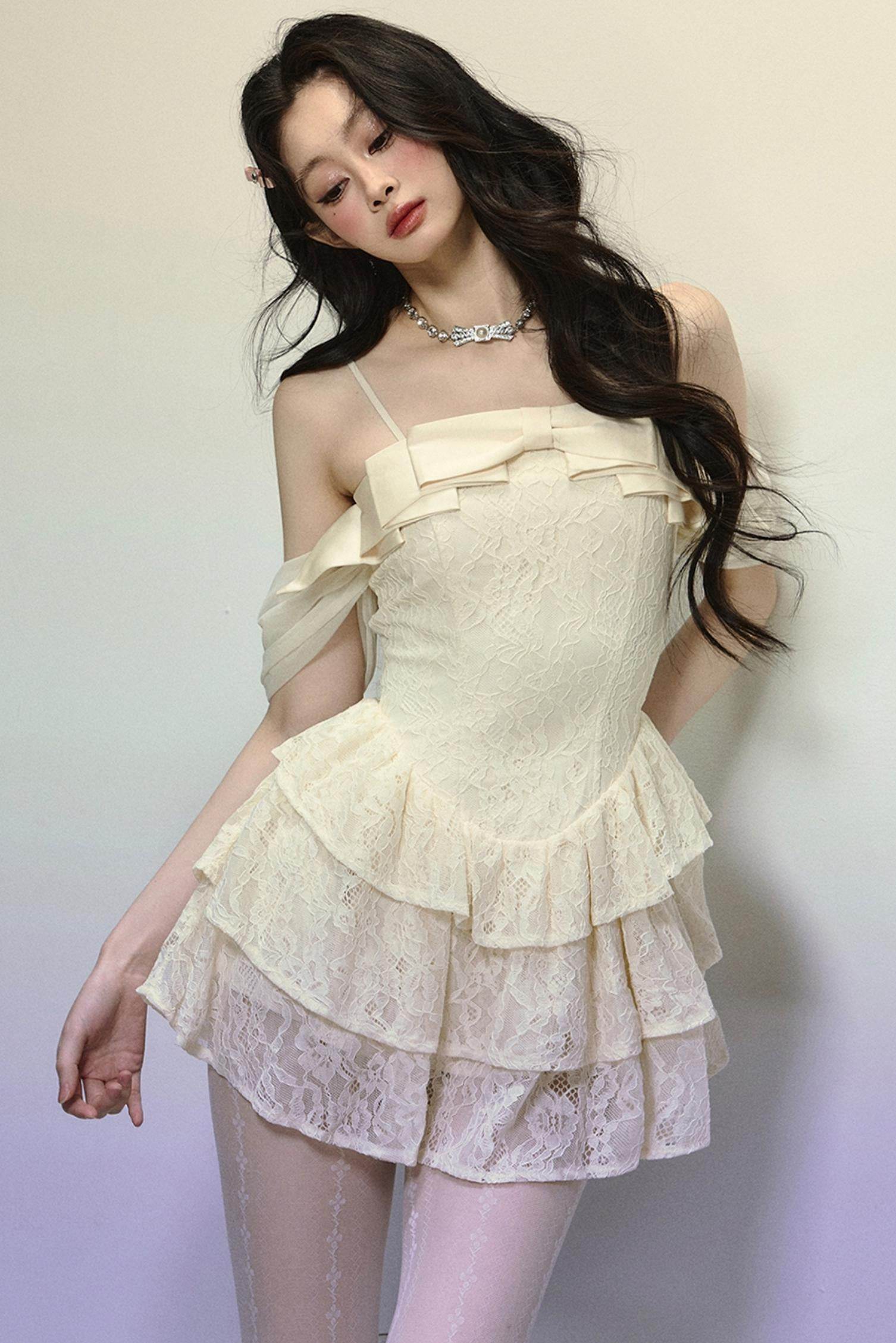 One-Shoulder French Lace Slip Dress - My Store