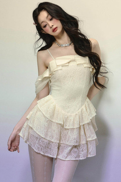 One-Shoulder French Lace Slip Dress - My Store
