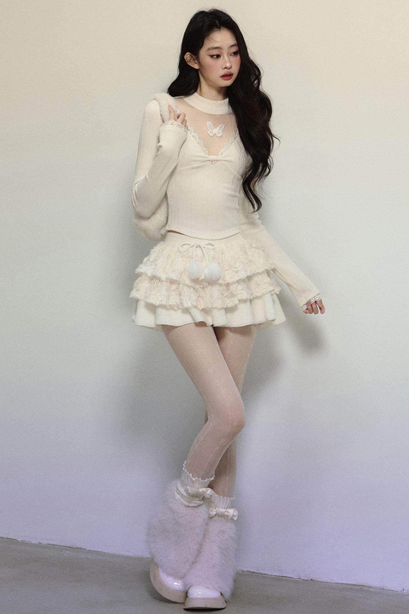 Long Sleeve V-Neck Lace Top - My Store