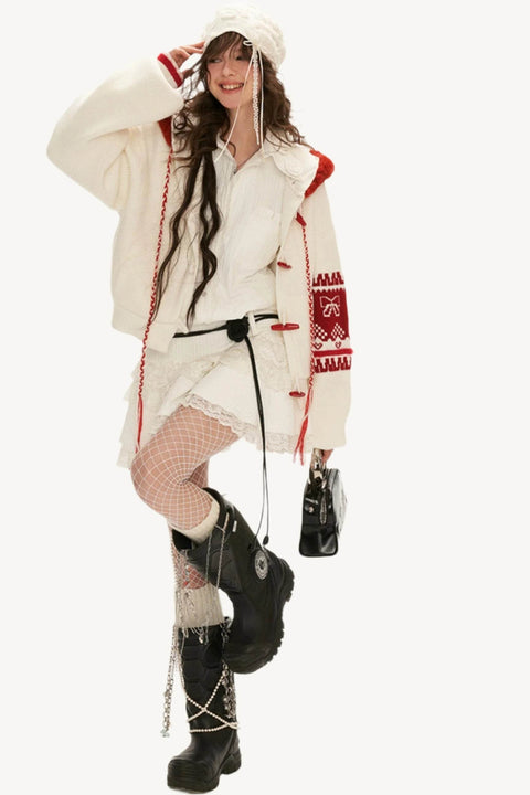 Patchwork Bow Jacquard Hooded Sweater Coat - My Store