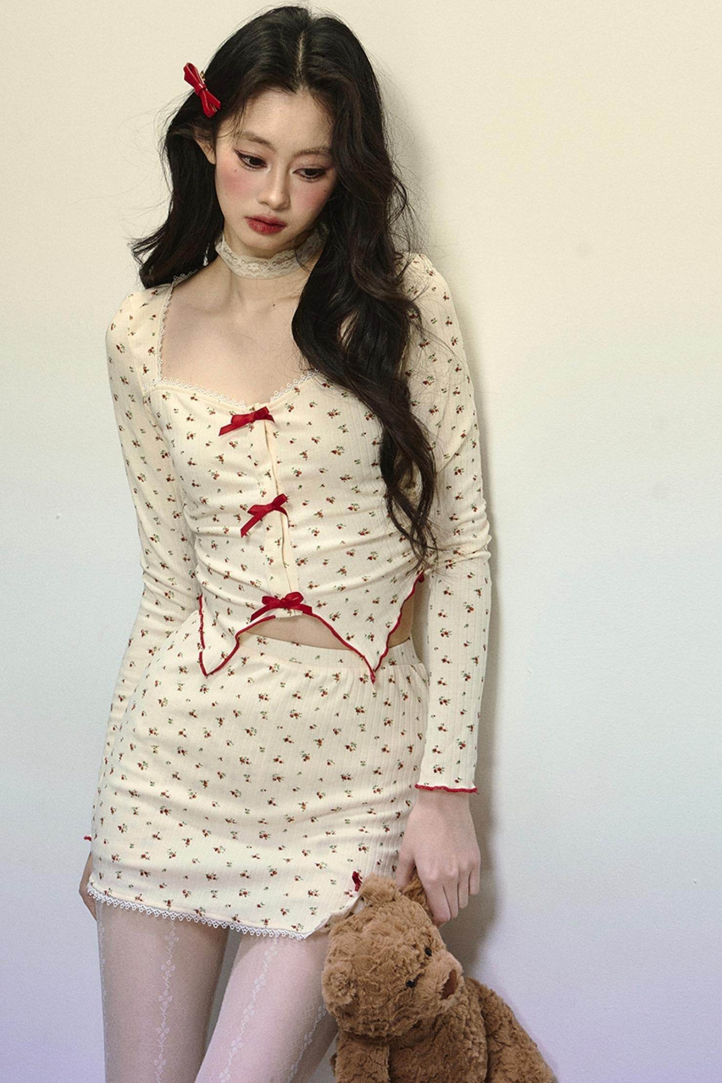 Long-Sleeve Floral Top & Short Skirt Set-Up - My Store