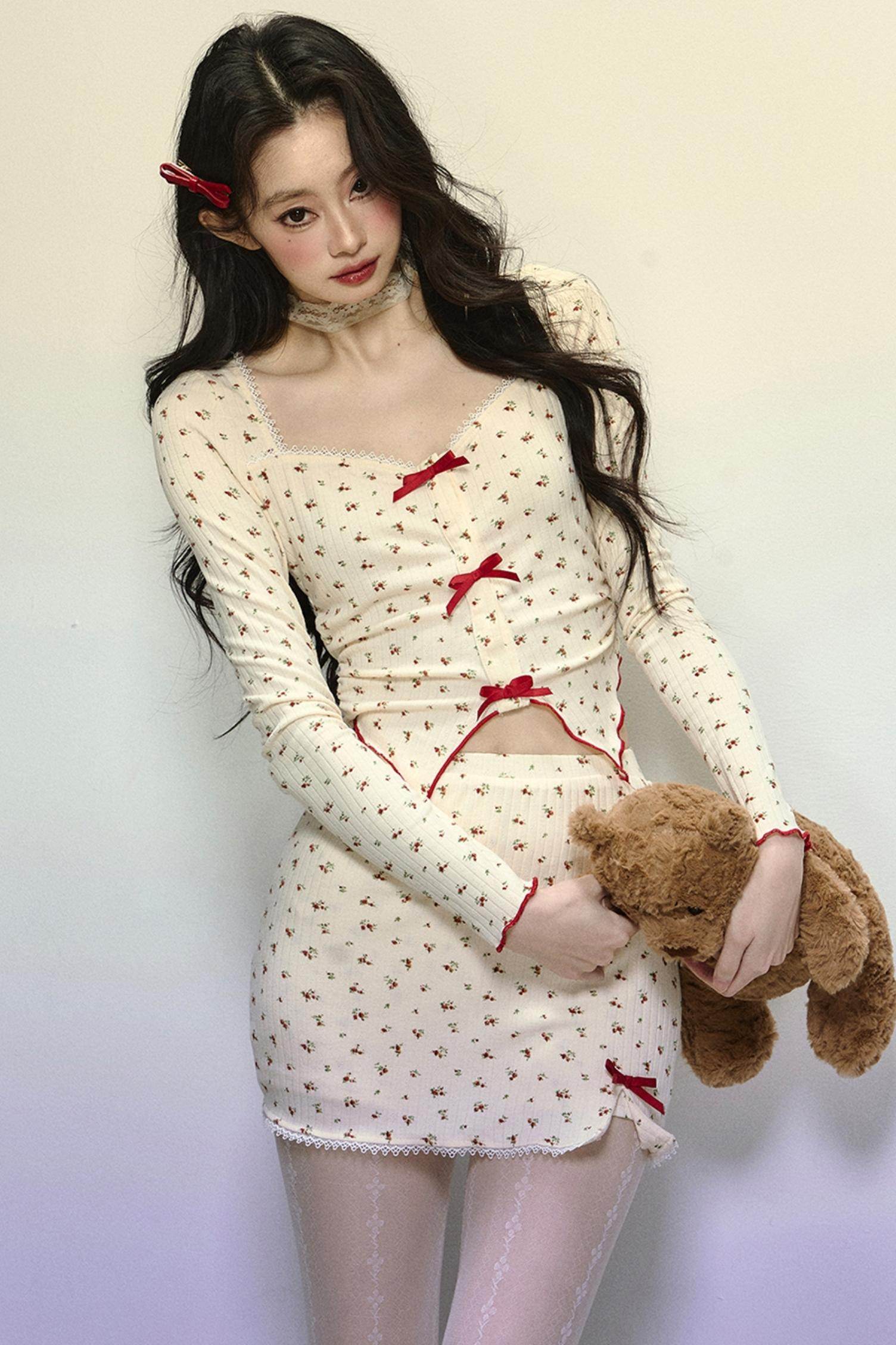 Long-Sleeve Floral Top & Short Skirt Set-Up - My Store