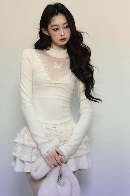 Long Sleeve V-Neck Lace Top - My Store