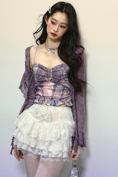 Oil Painting Lace Halterneck Top & Coat Set-Up - My Store