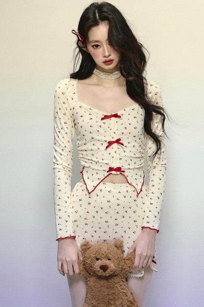 Long-Sleeve Floral Top & Short Skirt Set-Up - My Store