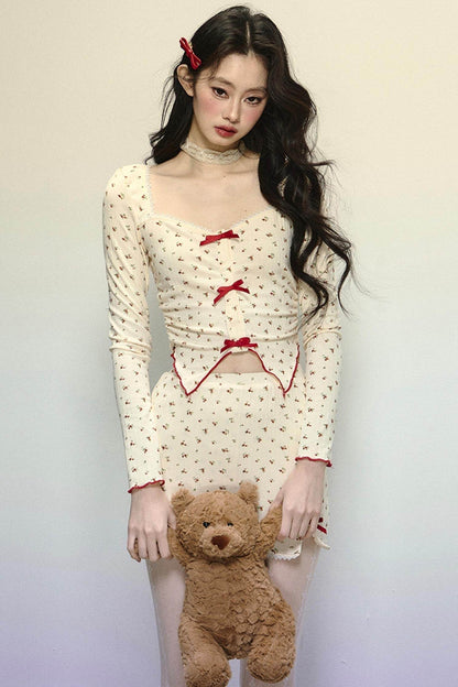 Long-Sleeve Floral Top & Short Skirt Set-Up - My Store