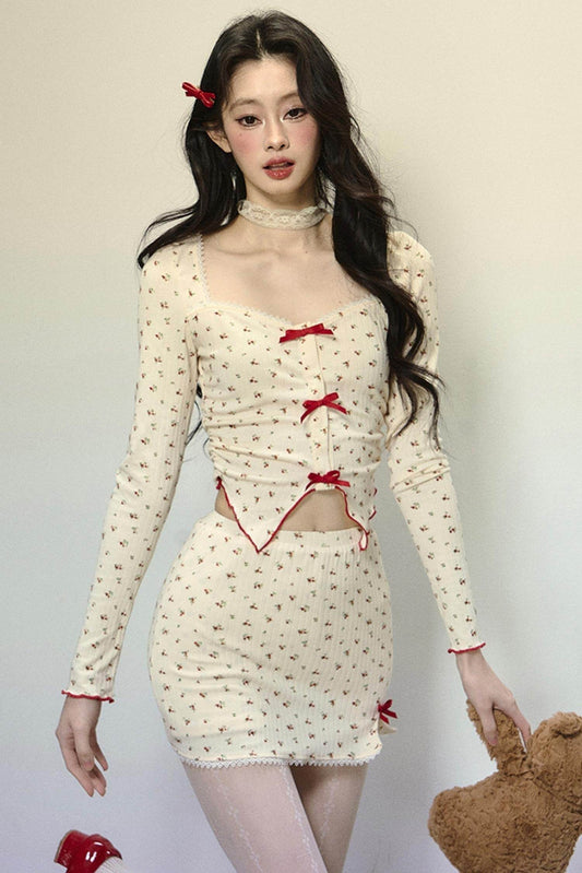 Long-Sleeve Floral Top & Short Skirt Set-Up - My Store