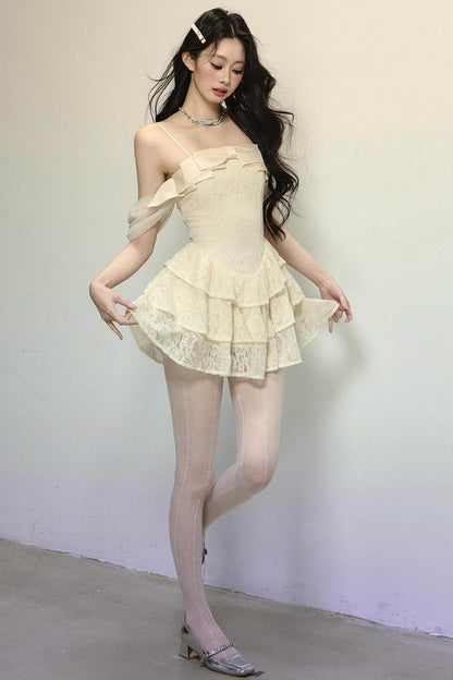 One-Shoulder French Lace Slip Dress - My Store