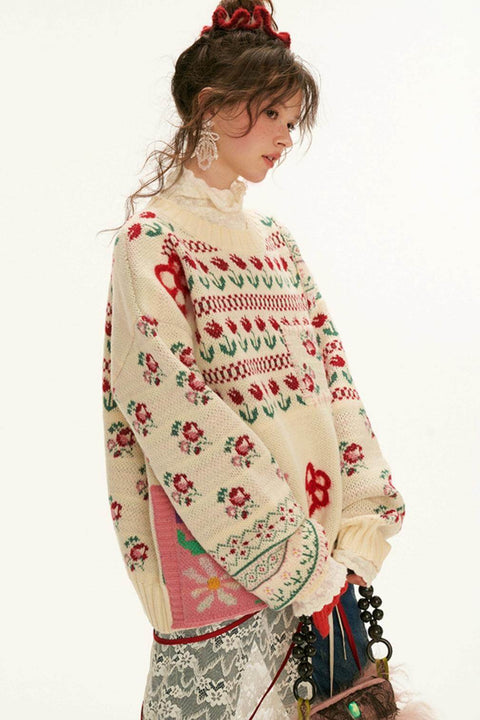 Fair Isle Floral Knit Sweater - My Store