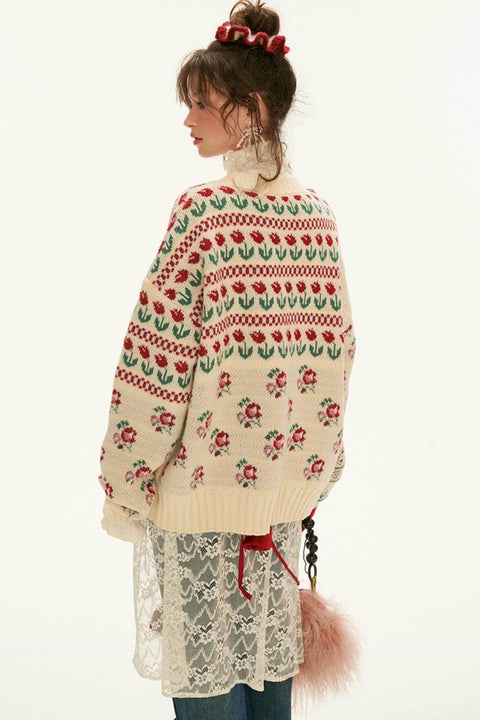 Fair Isle Floral Knit Sweater - My Store