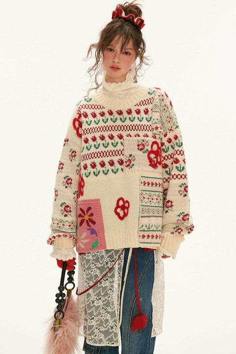 Fair Isle Floral Knit Sweater - My Store