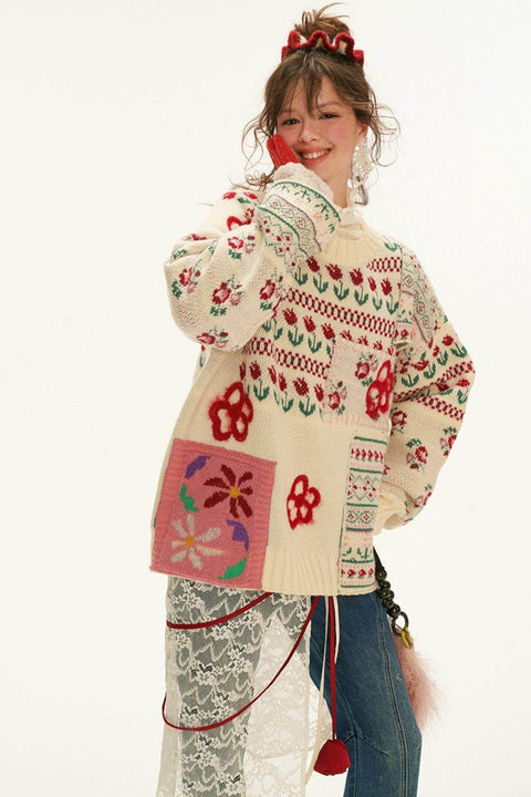 Fair Isle Floral Knit Sweater - My Store