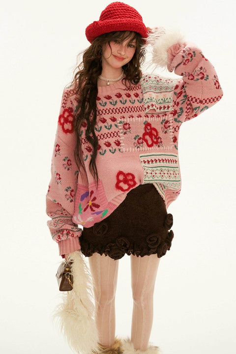 Fair Isle Floral Knit Sweater - My Store