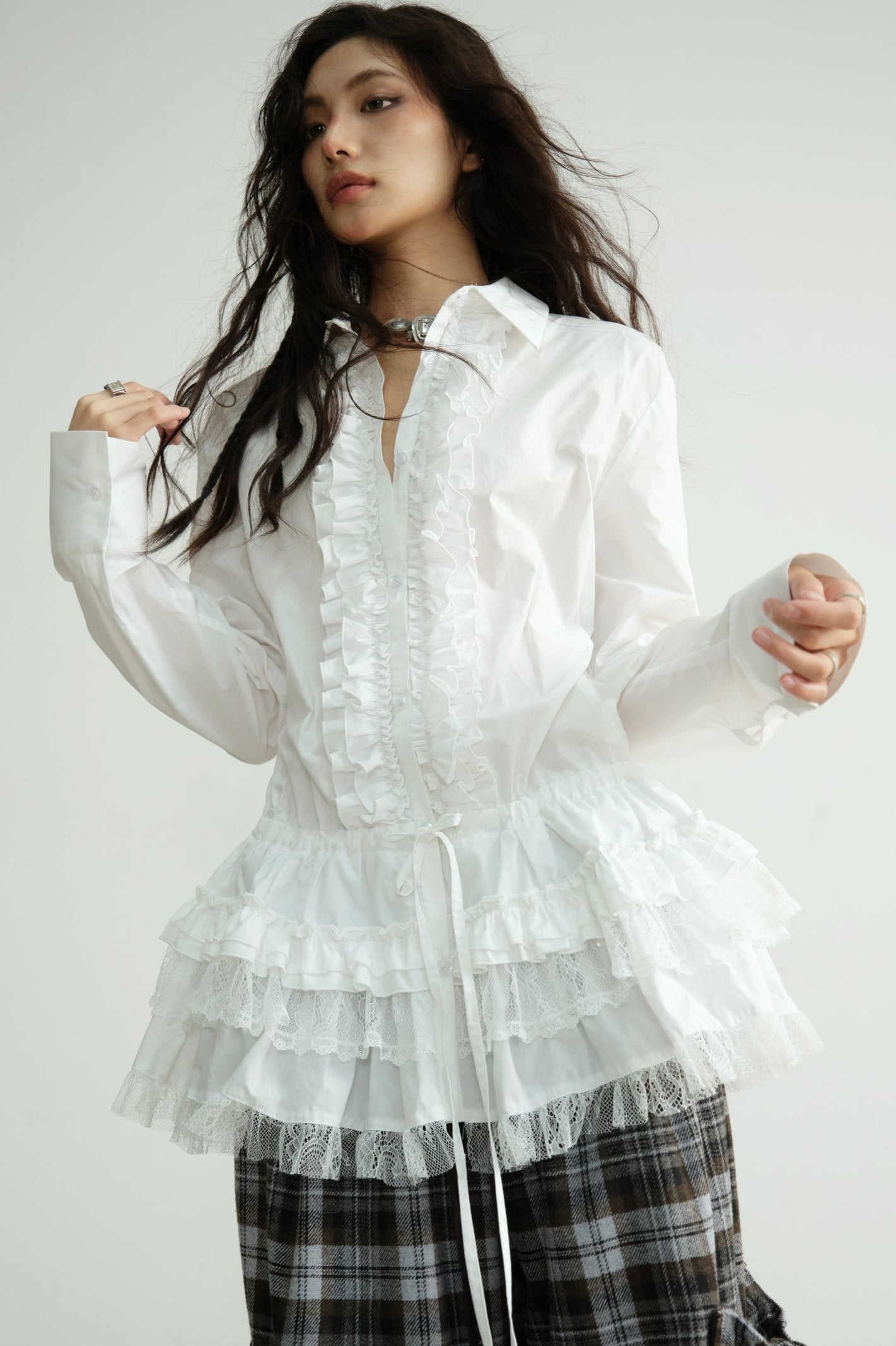 White Lace Tie-Waist Long Sleeve Blouse Top