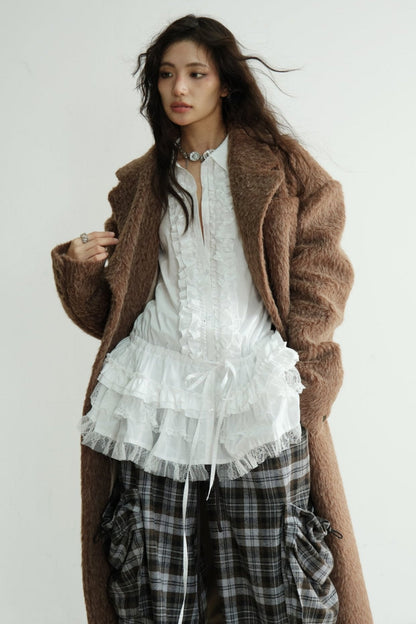 White Lace Tie-Waist Long Sleeve Blouse Top