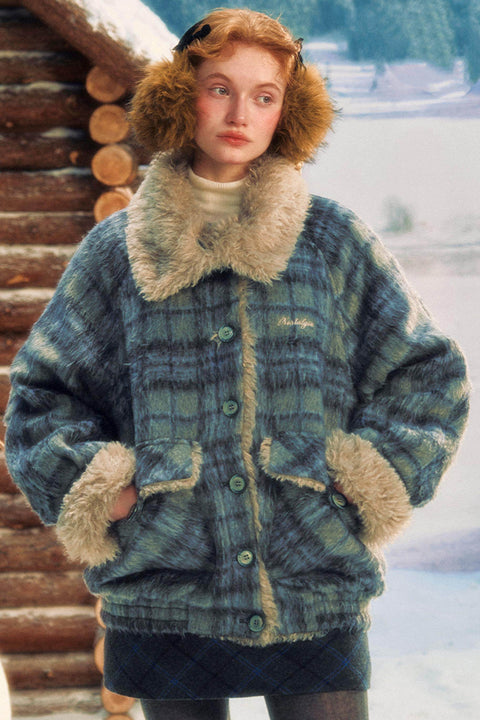 Blue Fur Plaid Winter Jacket - My Store