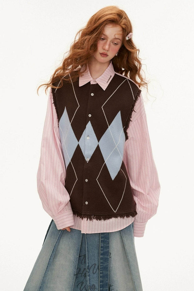 Stitched Checked Long Sleeve Sweater Shirt - My Store