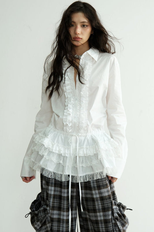 White Lace Tie-Waist Long Sleeve Blouse Top