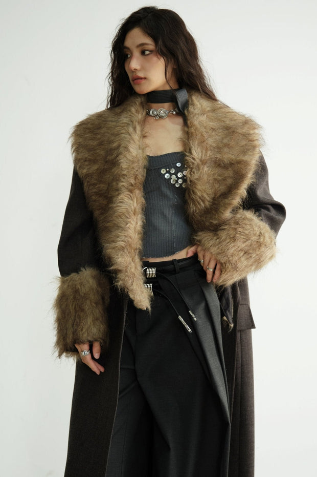 Detachable Fur Collar Long Blazer Jacket
