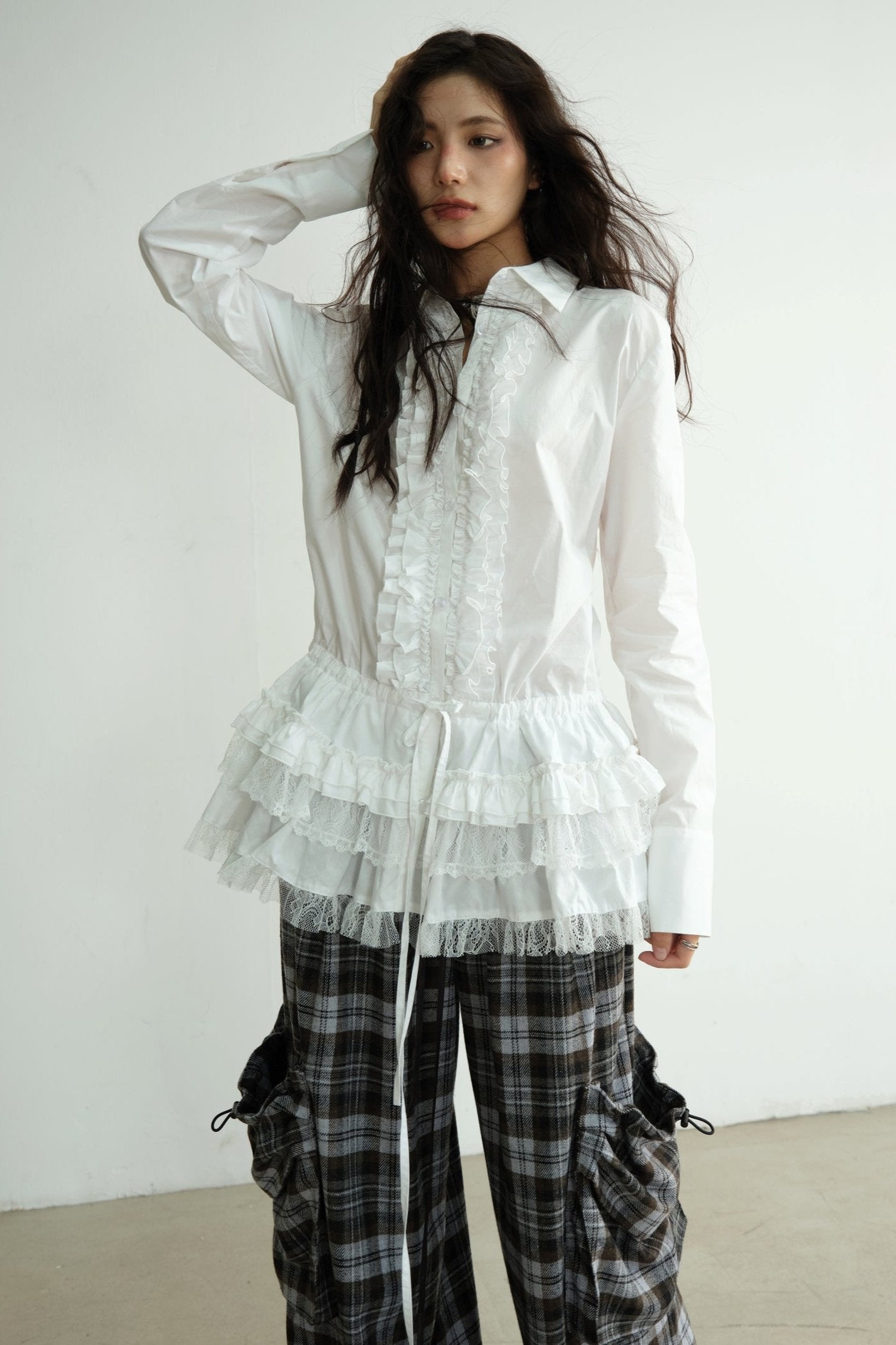 White Lace Tie-Waist Long Sleeve Blouse Top