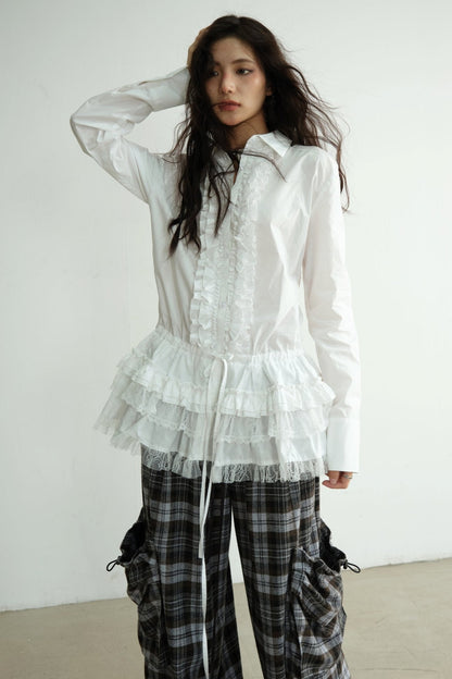 White Lace Tie-Waist Long Sleeve Blouse Top